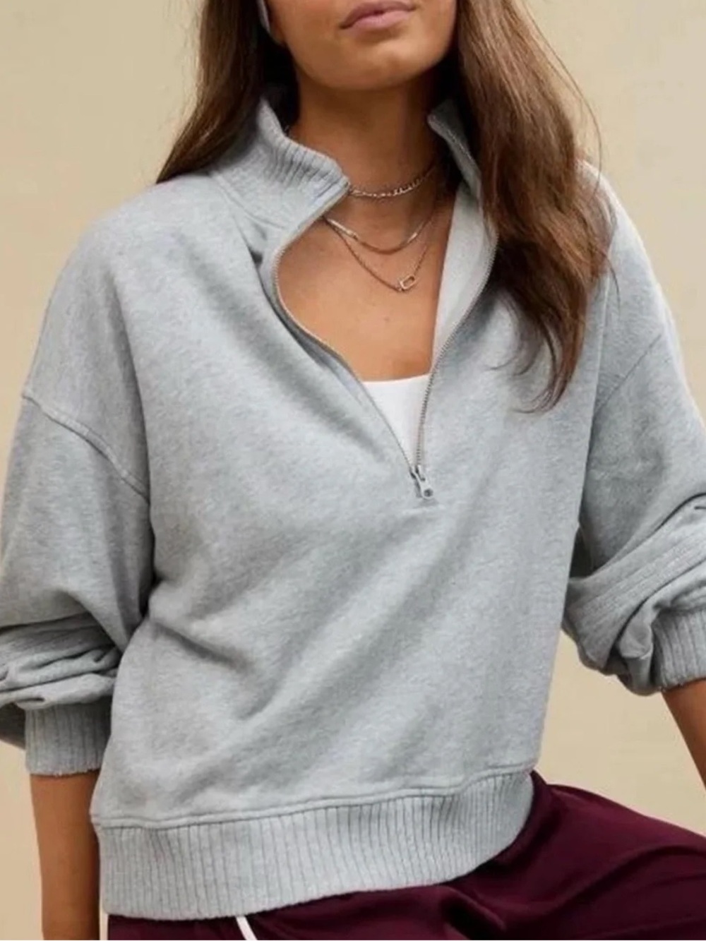 Aerie Light Gray Half-Zip Pullover Sweatshirt Quarter Zip Balloon Sleeves XS